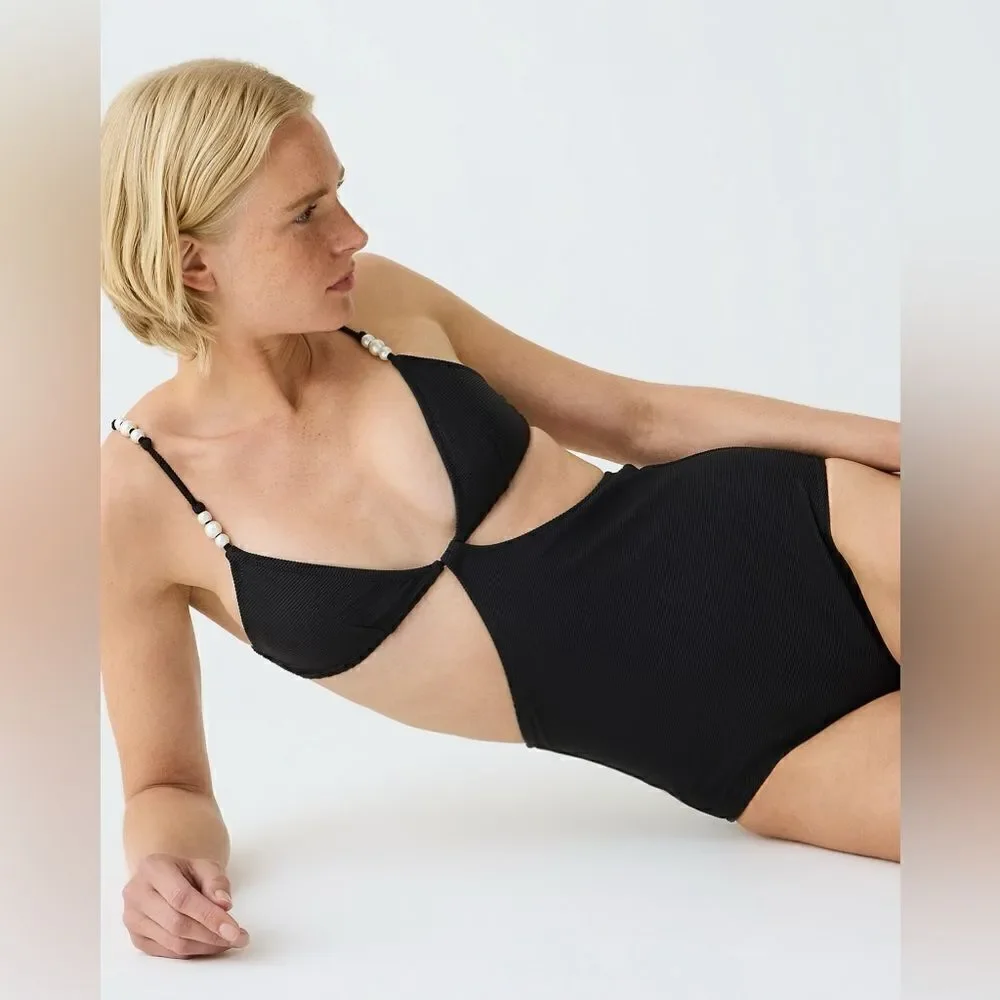 J Crew Ribbed Cut Out One Piece Swimsuit with Pearls NWT